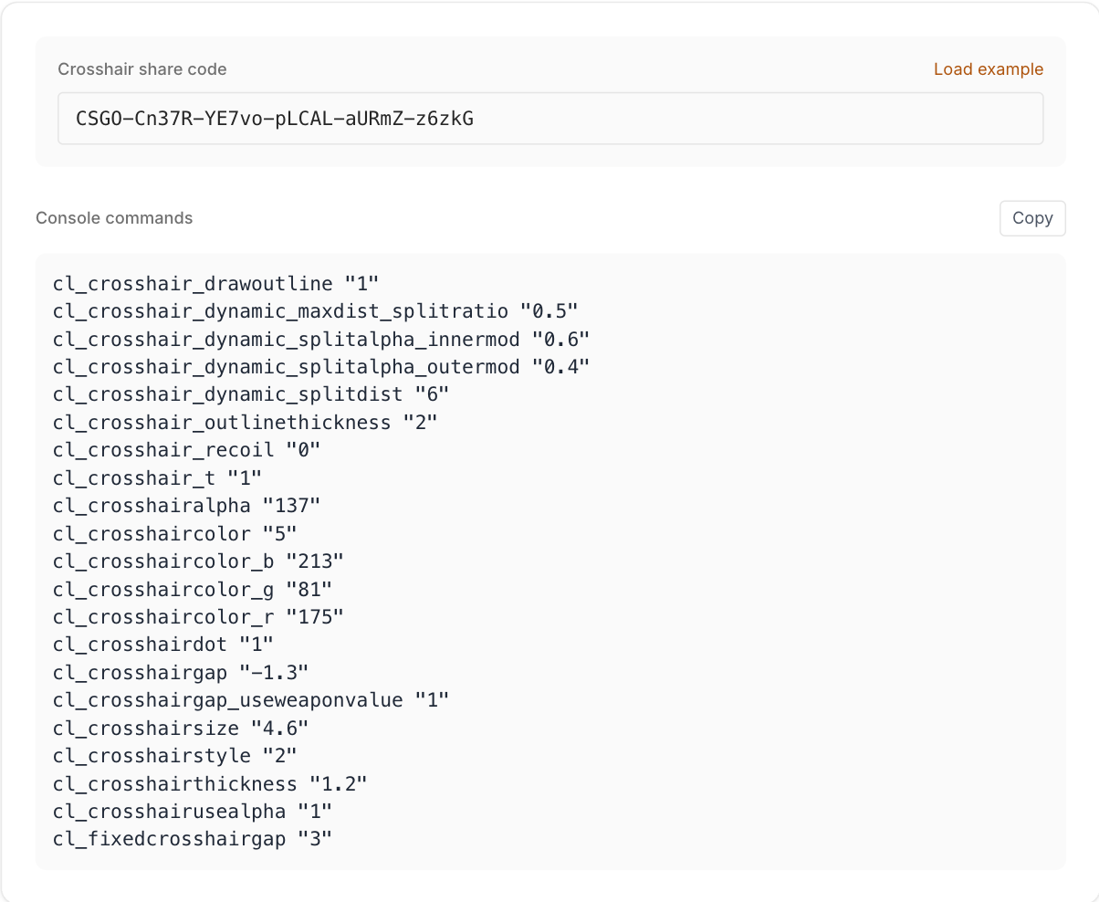 Screenshot of the ZeroUtil CS2 Crosshair Code Decoder. The share code CSGO-Cn37R-YE7vo-pLCAL-aURmZ-z6zkG is in the input field, and below it a Console commands panel lists twenty-one cl_crosshair lines in alphabetical order, from cl_crosshair_drawoutline 1 down to cl_fixedcrosshairgap 3.