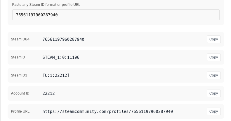 Screenshot of the ZeroUtil SteamID Converter with 76561197960287940 entered - the corrupted value a plain JavaScript Number produces from 76561197960287930 - showing SteamID64 76561197960287940, STEAM_1:0:11106, SteamID3 [U:1:22212], account ID 22212, and a steamcommunity.com profile URL, all decoded without any error or warning.