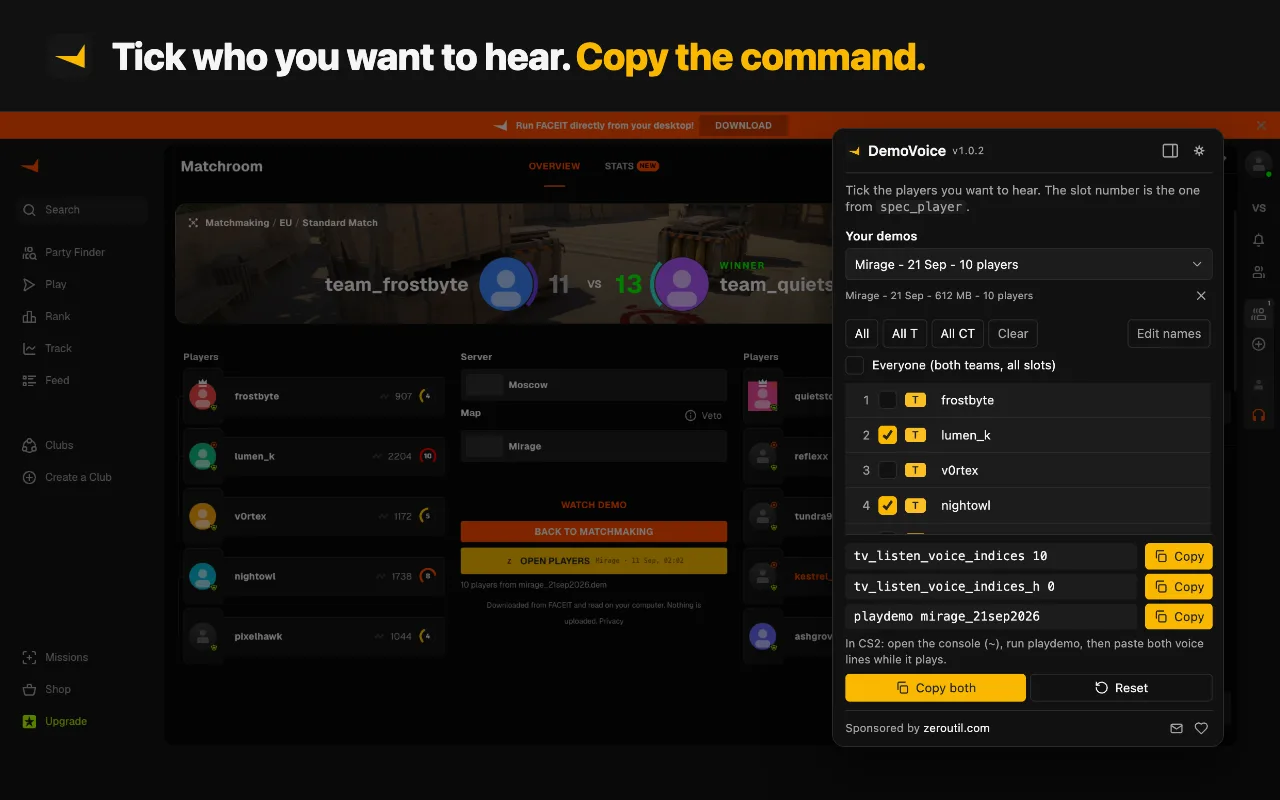 The DemoVoice panel over a FACEIT match room: players listed in numbered slots with team tags, two ticked, and the ready tv_listen_voice_indices and playdemo commands below, each with a Copy button.