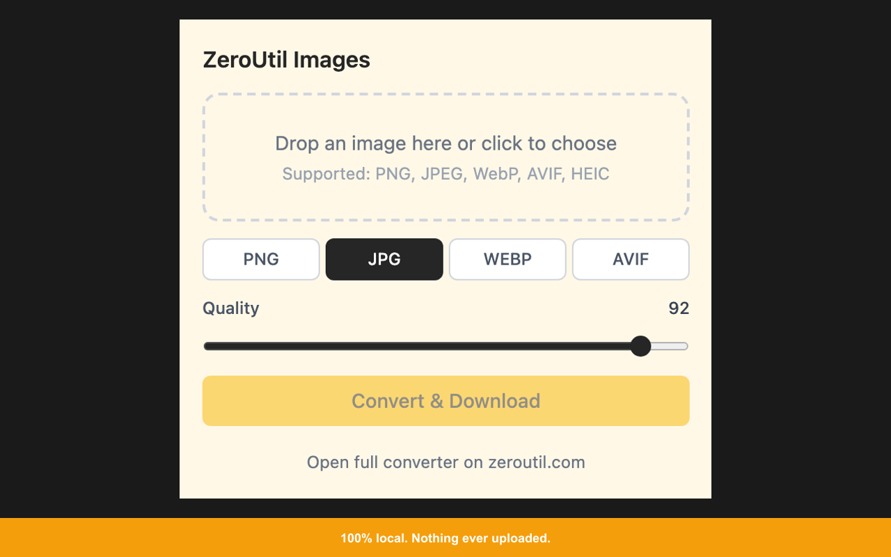 ZeroUtil Images popup showing format conversion options