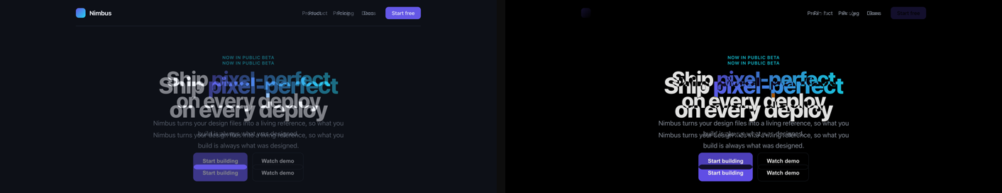 The same page with a design overlay: on the left a semi-transparent normal overlay showing ghosted text, on the right the same overlay in difference blend mode where matched pixels are black and misalignment glows